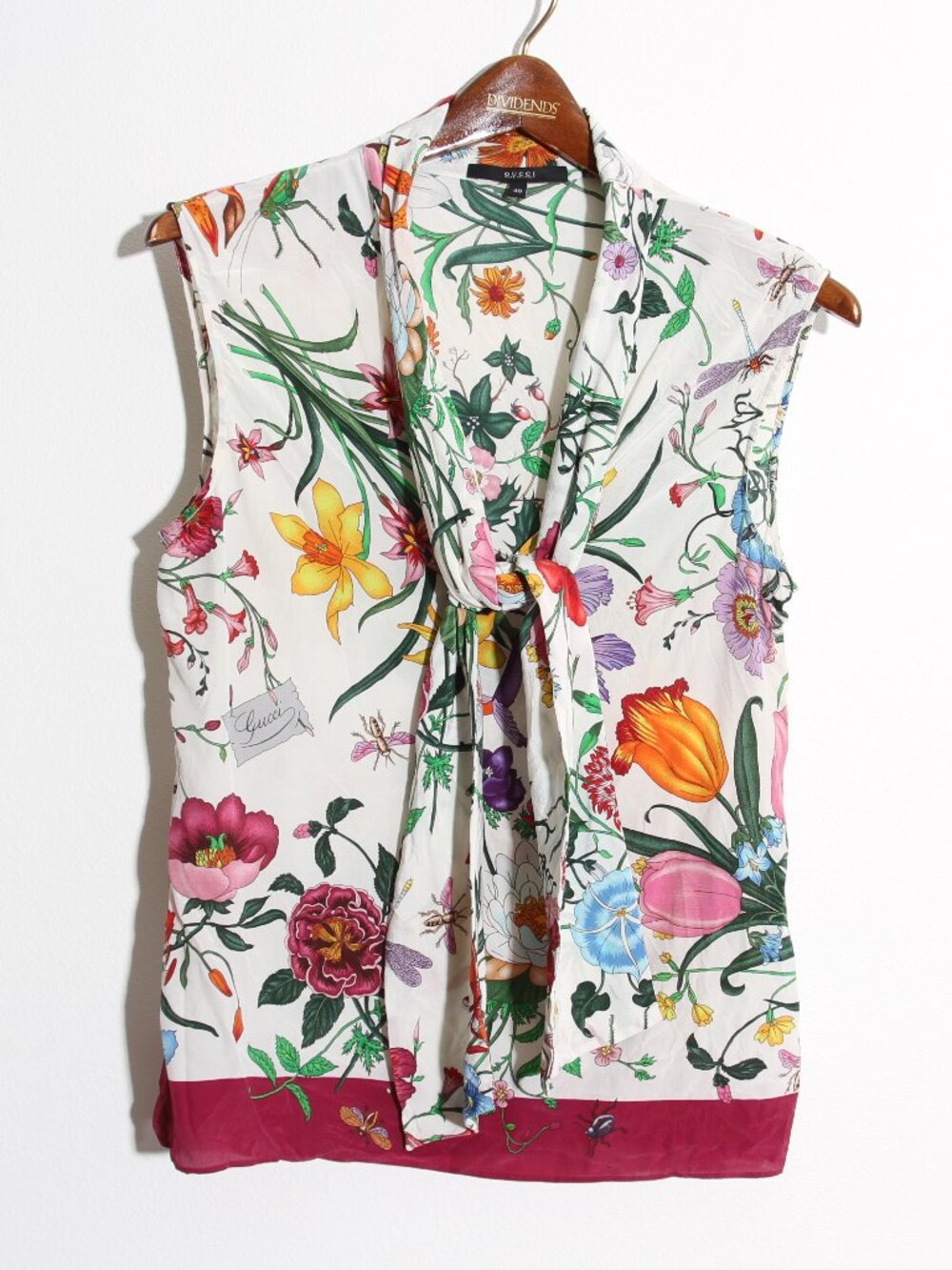 Gucci Silk Flora Twill Floral Botanical Garden Blouse Neck-Tie Bow Size 40